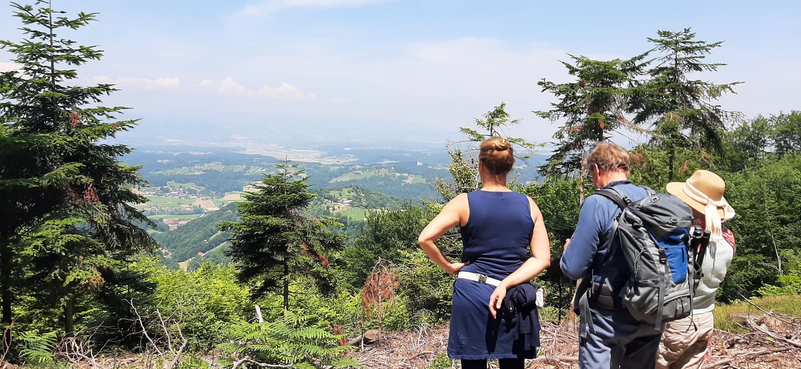 Gruppe von Menschen blickt von einer Bergkuppe in ein weites, grünes Tal — gemeinsamer Ausblick